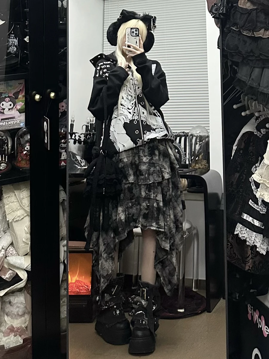 ReddaChic Acubi mode jupe gâteau à carreaux taille élastique cravate colorant irrégulier Patchwork à volants jupe longue à plusieurs niveaux femmes Streetwear