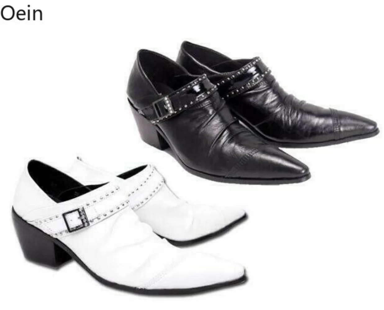 Mens Real Leather Pointed Toe Med Cuban Heels Rivets Formal Buckle Club Shoes Wingtip Dress Business Black White Wedding New