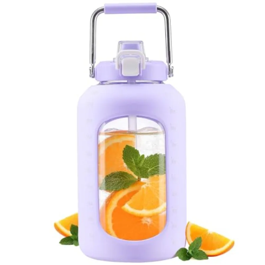 

Glass Water Bottles with Straw 3 L Gallon Drinking Bottle with Handle Large Glass Water Jug with Silicone Sleeve for Gym Sports