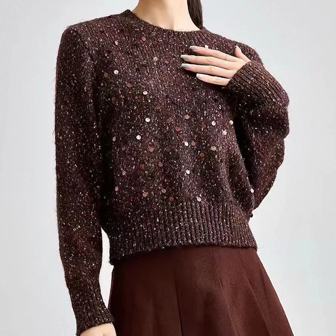 

【Gift Free】Niche 2025 Autumn Winter New Round-Neck Pullover Sweater for Women, Vintage Sequin Knit Top with Premium Feel