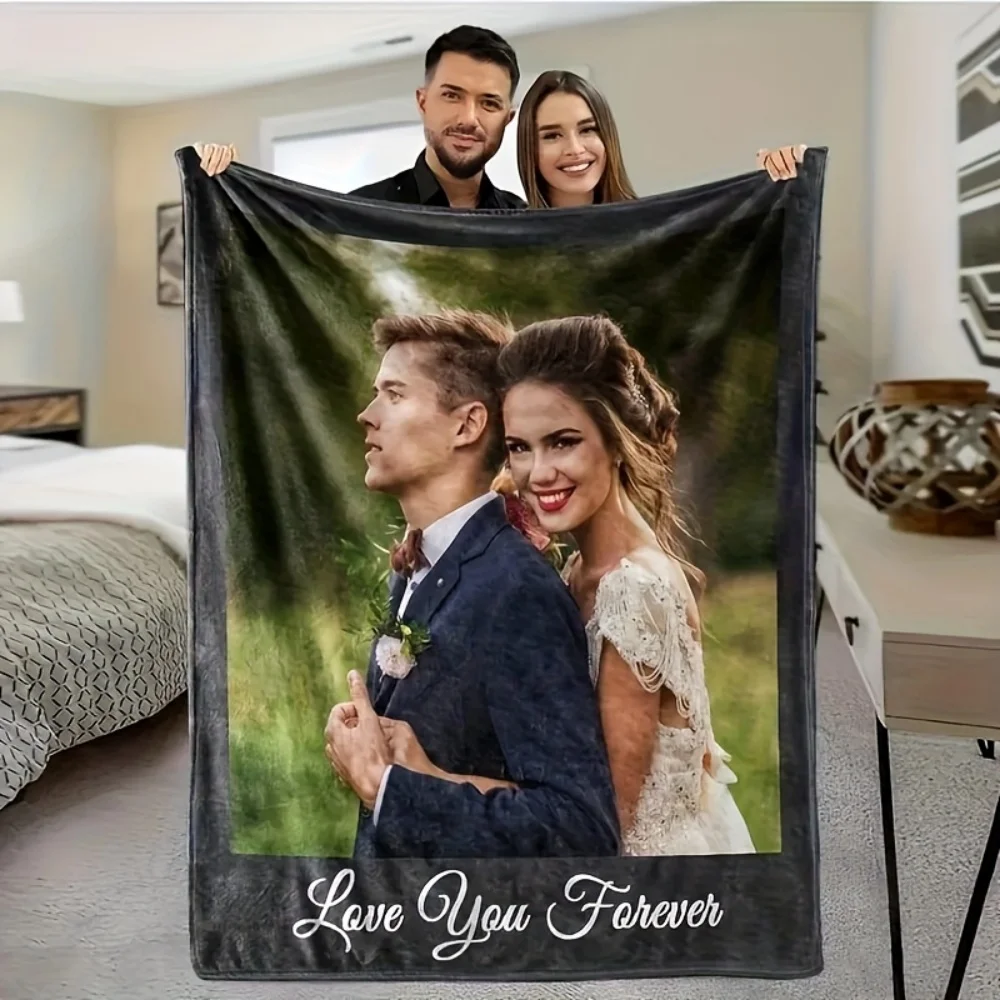 1Pc Personalized Custom Photo Text Flannel Blanket, Soft and Comfortable, Suitable for Office, Home, Unique Souvenir Present