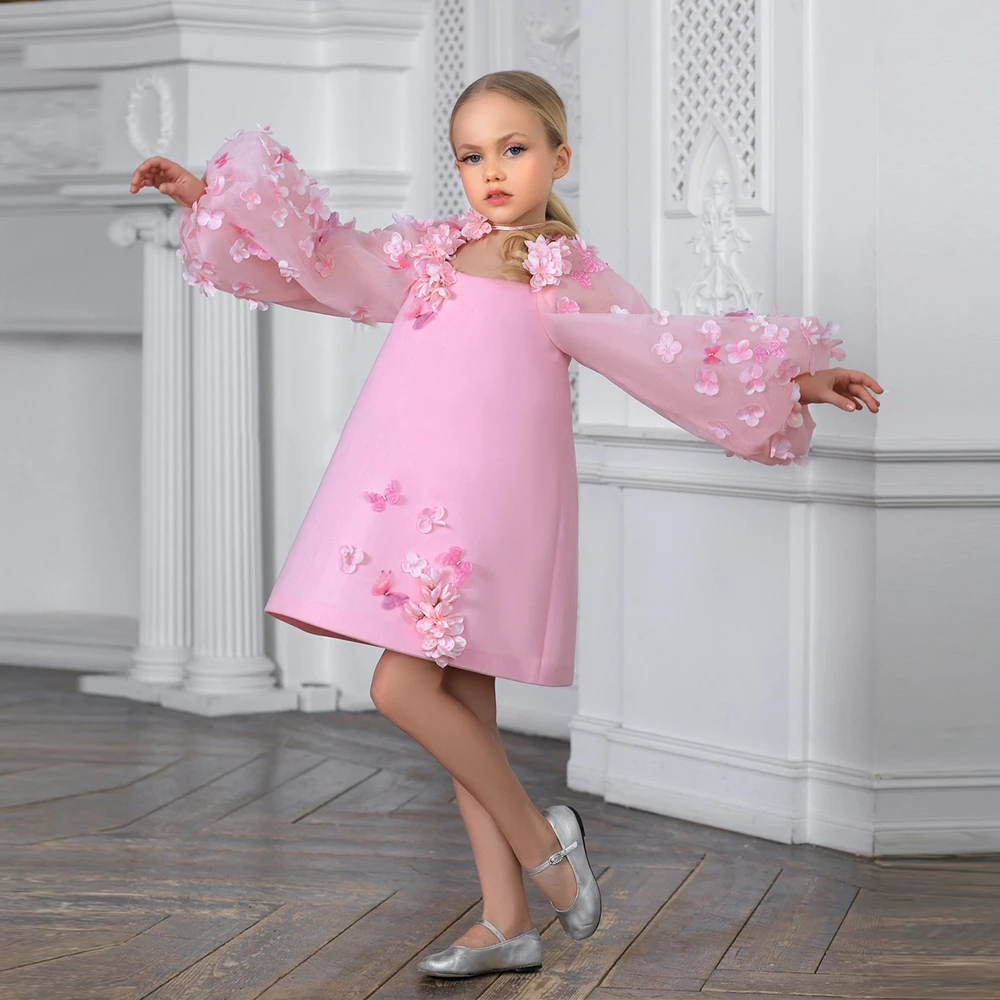 

Pink Flower Girls Dresses with Applique 2024 Summer Knee Length Puffy Full Sleeve Christmas Dresses for Princess فستان عيد الميل