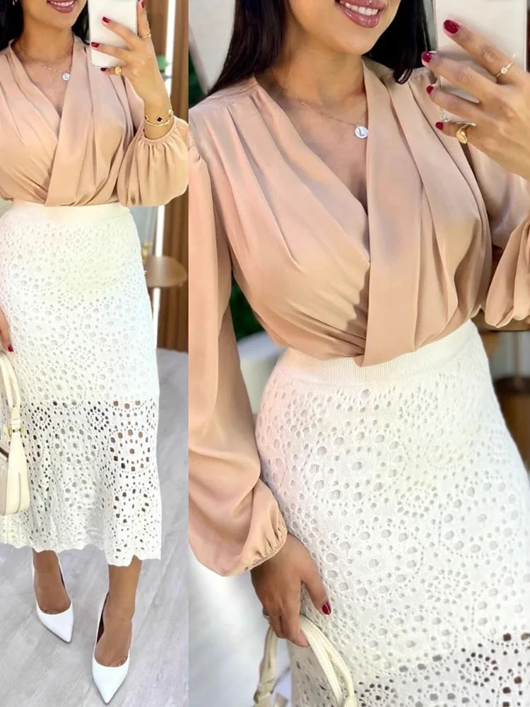 

Women's Fashion Hight Waist Slim Fit Long Skirt Sexy Hollow Out Solid Color Autumn Skirt Elegant Crocheted Embroidery Half Skirt