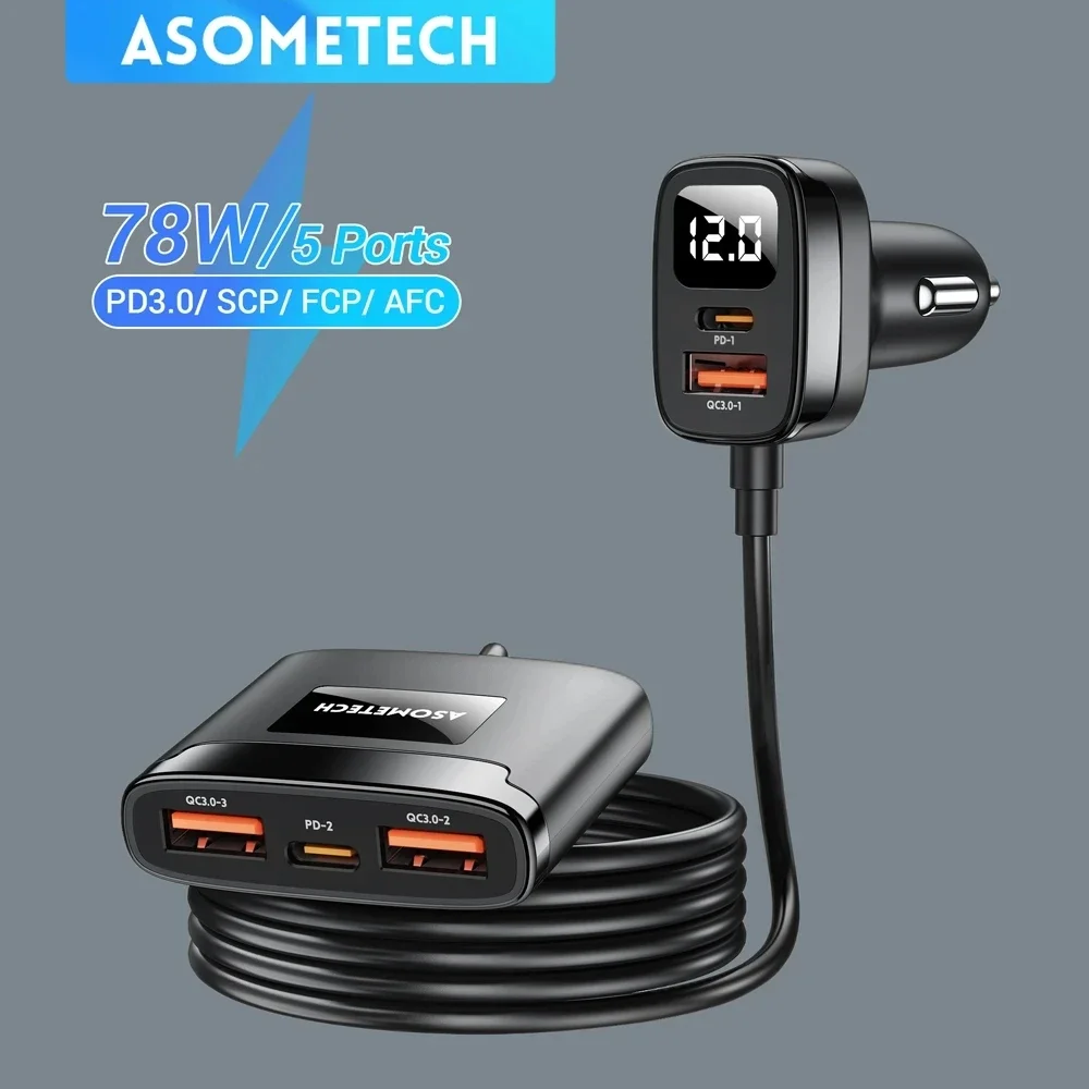 5-IN-1 78W Fast Car Charger USB Type-C Multi Port Car Charger for iPhone14 13 Pro QC3.0 PD3.0 PPS Quick Car Charger with Display