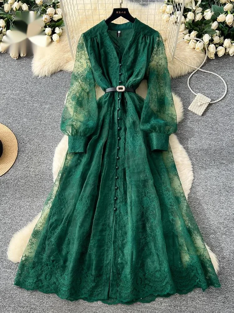 

Высококачественные платья с вышивкой и кружевом, женские, с рукавами-фонариками, с жемчужным поясом, весенние, во французском стиле, струящиеся, шикарные, оверсайз