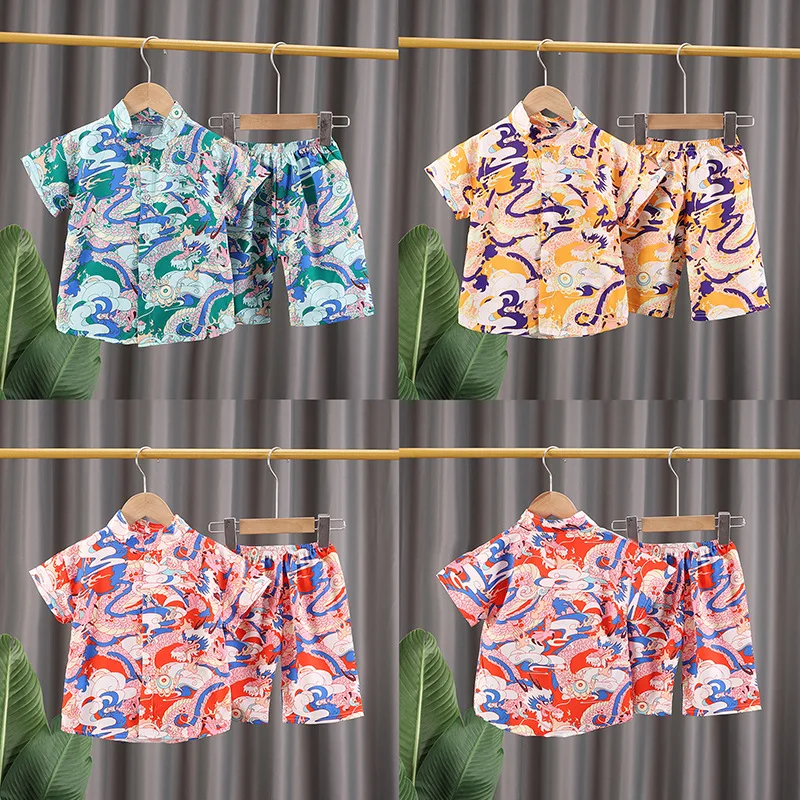 0-4 years old children's suit, summer boys' short-sleeved shirt, printed Chinese style shirt, T-shirt two-piece set