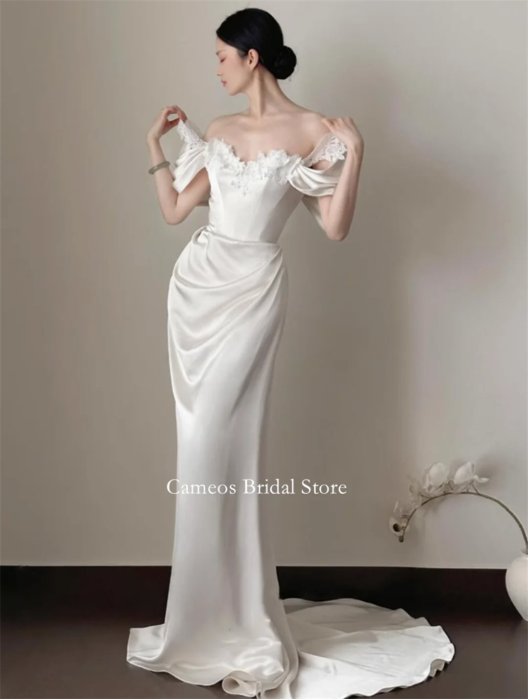 

SONDR Customized Wedding Dresses Pearls Silk Satin Korea Off the Shoulder Corset Mermaid Brides Gowns Women Bridal Dresses