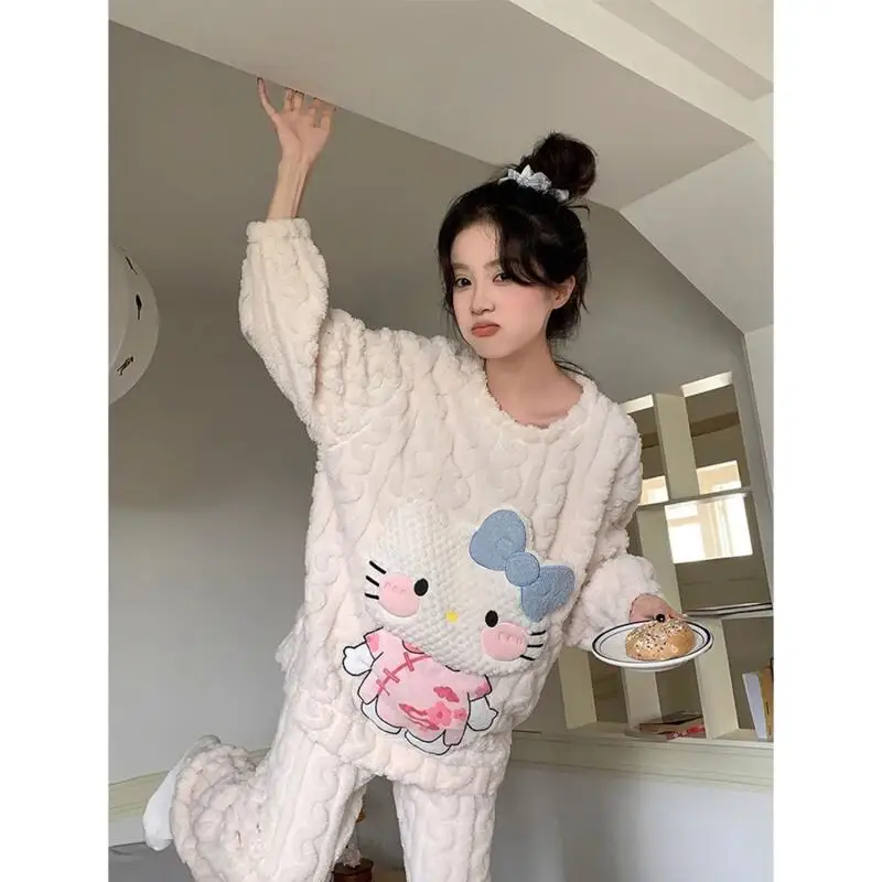 

Зимние пижамы Sanrio, 2 шт., домашняя одежда из кораллового флиса «Hello Kitty», утепленные флисовые брюки с длинными рукавами с героями мультфильмов, комплект уличной одежды