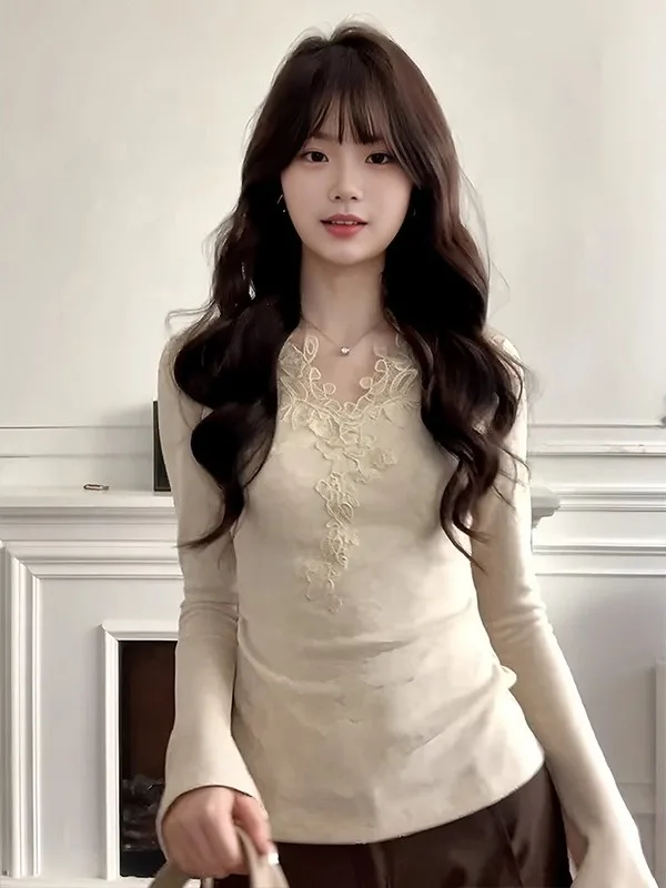 

plus Size Women's Lace V-Ne Long Sve T-irt Slim Fit Base Layer Top Autumn Winter Commute Sle Korean Version