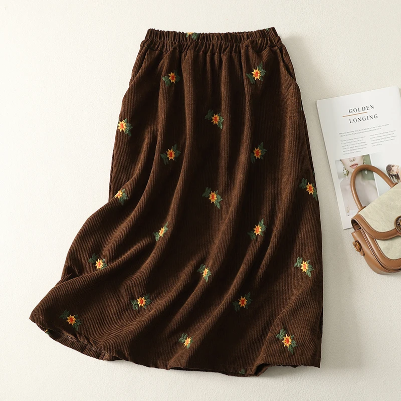 กระโปรงทรงเอไลน์ผ้าชีฟองปักลายผ้าฝ้ายกำมะหยี่สำหรับผู้หญิง กระโปรงทรงยาวแบบร่มสำหรับฤดูใบไม้ร่วงและฤดูหนาว สไตล์ลำลองสำหรับใส่ไปทำงาน ดีไซน์เอวกลาง