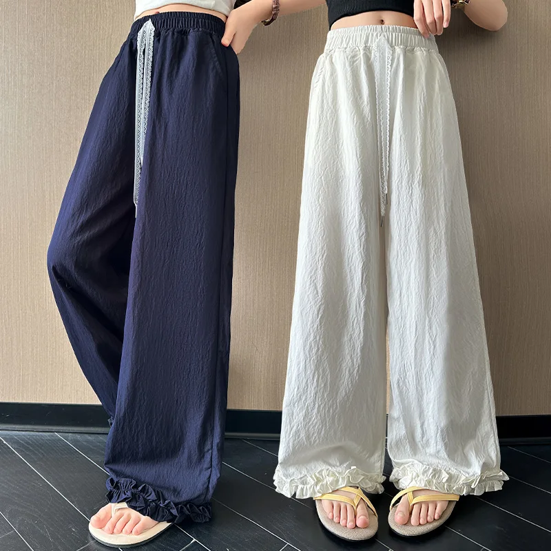 

Teens Girls Casual Pants Summer Loose Cool Wide Leg Pants for Kids Daily Lace Design Thin Children Trousers 8 10 12 14 Years Old