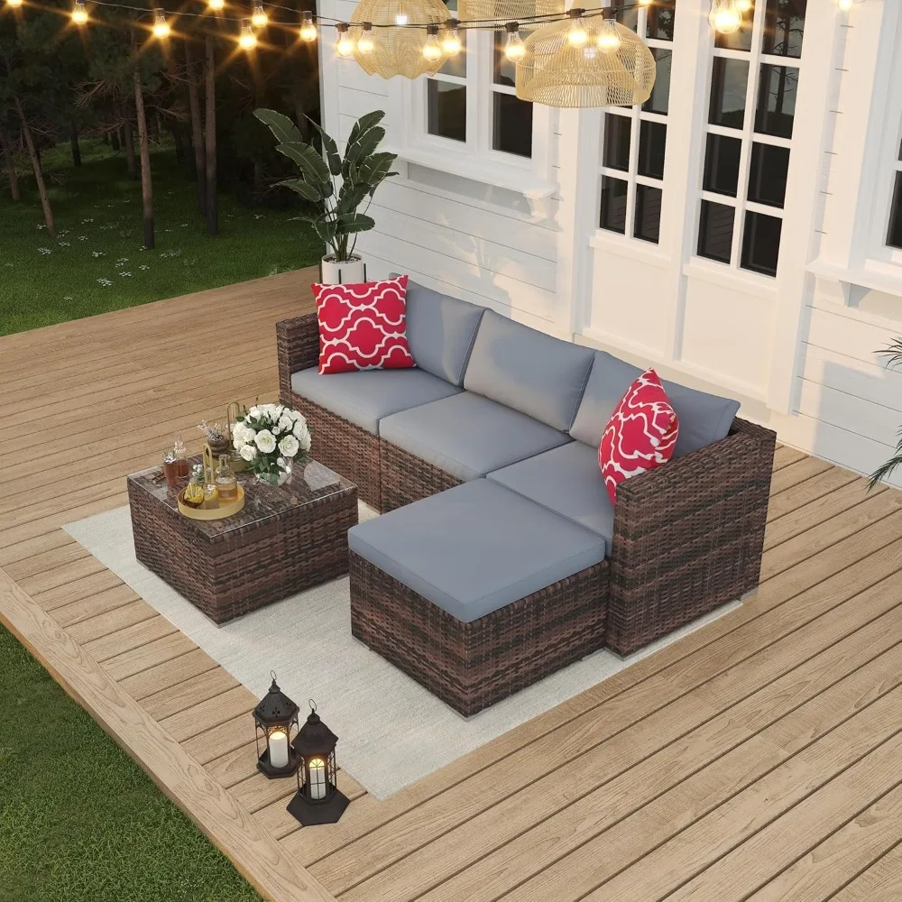 

5-Piece Outdoor PE Wicker Patio Furniture Set, Water-Resistant Sectional Sofa With Plush Cushions, Tempered Glass Coffee Table &