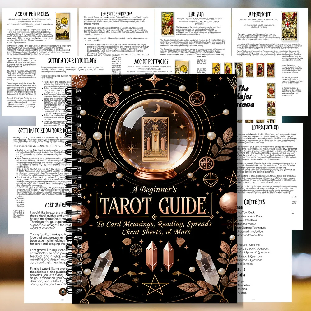 1 Spiral-Notizbuch, luxuriöses schwarz-goldenes Spiral-Notizbuch mit Tarot-Anleitung für Anfänger, zum Aufzeichnen der Bedeutungen von Tarotkarten & Di