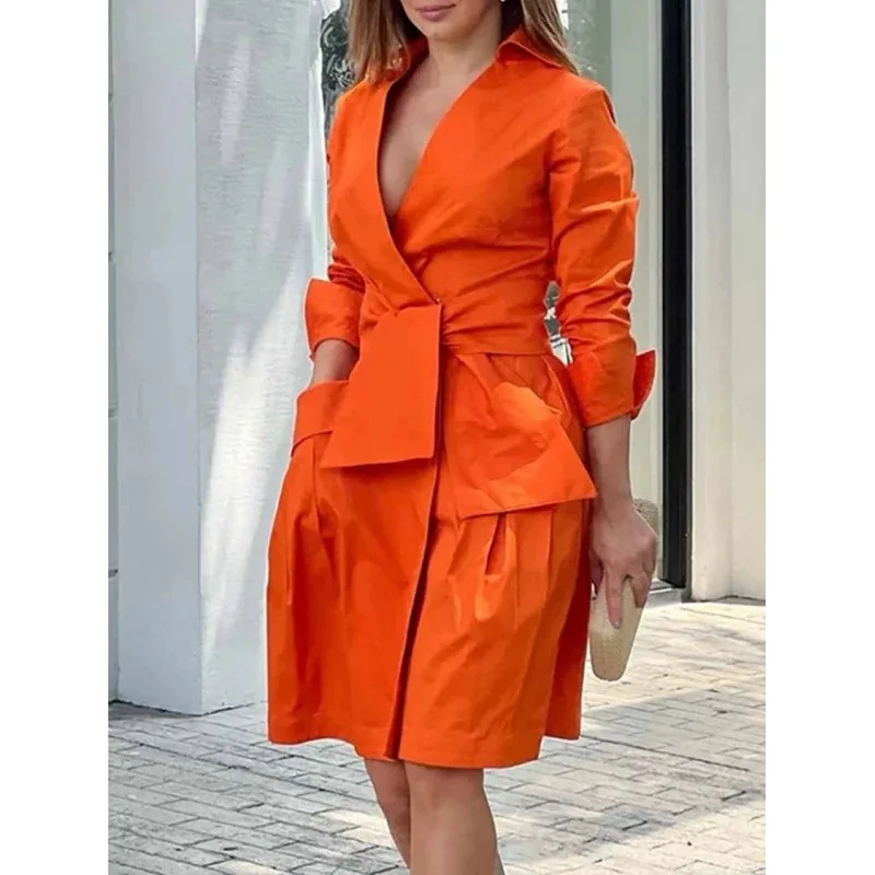 

Women's Fashion High Waist Blazer Dress Temperament Commuting V-Neck Lace Up Pocket Design Woman Long Sleeve Elegant Dresses