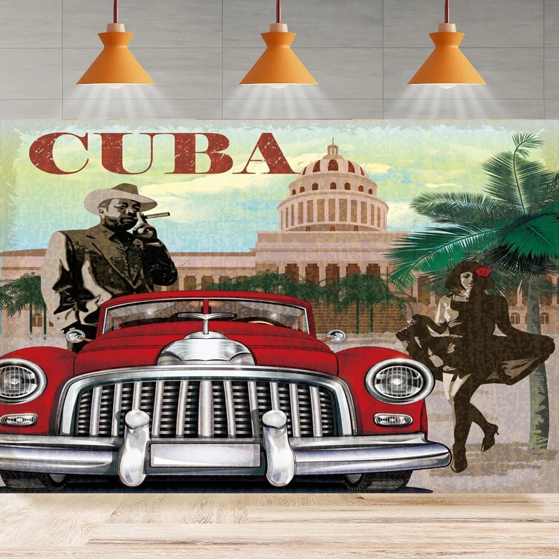 Photography Backdrop Travel Cuba Cigar 30s 40s Vintage Red Car Palm Trees Landscape Background Home Party Backdrop Wall Banner