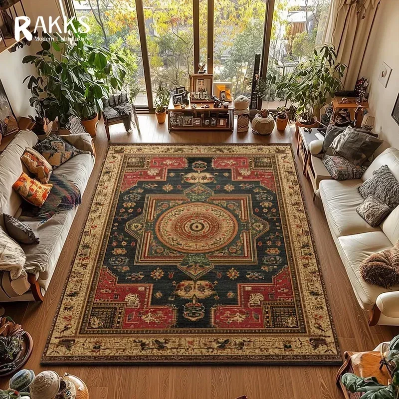 سجادة منطقة مخملية حمراء من RAKKS Boho، سجاد منخفض الكومة غير قابل للانزلاق بنمط طباعة الميدالية الفارسية بنمط متعدد