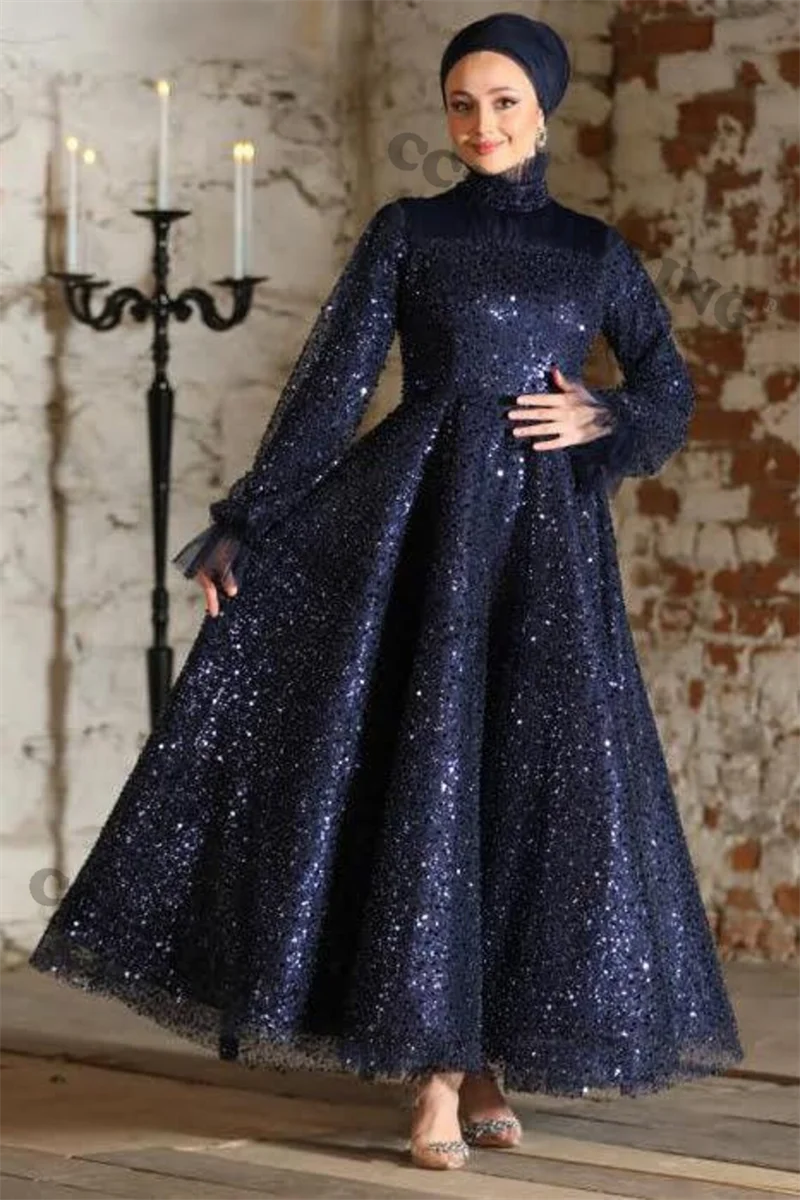 Vestido de noite muçulmano com lantejoulas brilhantes para mulheres, manga longa, hijab islâmico, vestido de festa formal, kaftan árabe