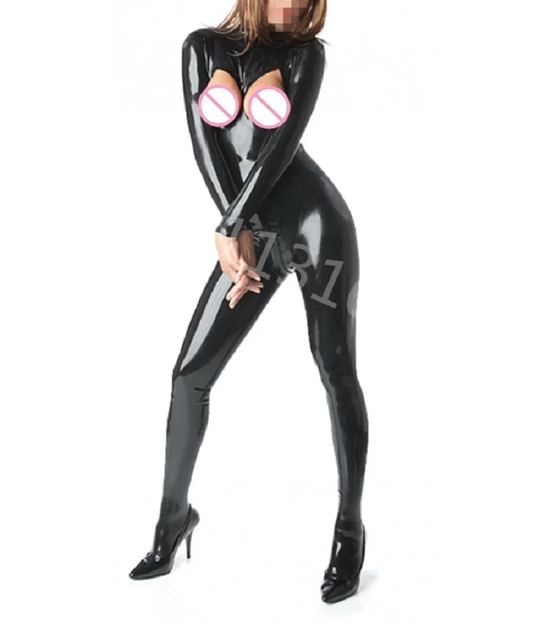 

Sexy Female Latex Bodysuits Latex Teddies Rubber Jumpsuit With Open Breast Latex Socks Back 2 ways zipper