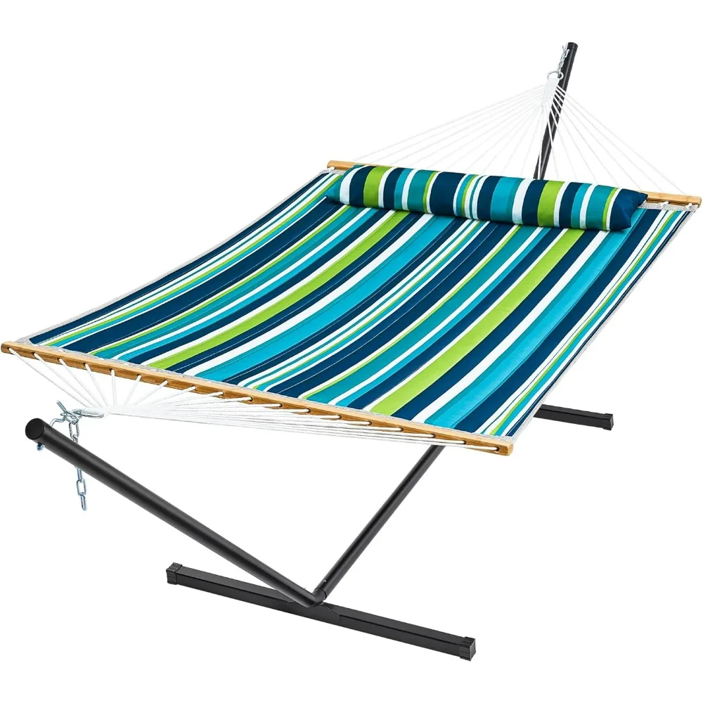 Hammock with Stand, 2 Person Quilted Outdoor Hammock, Detachable Pillow & Bamboo Spreaders, Portable Hammock with Carrying