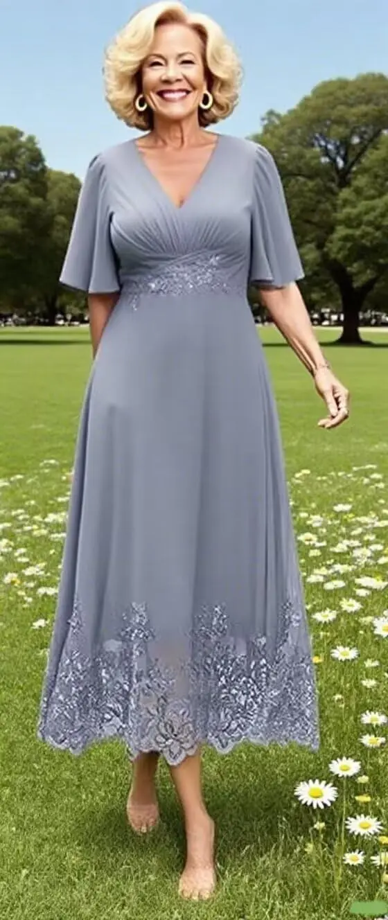 فساتين أم العروس بطول الشاي ورقبة على شكل V وأكمام للنساء مزينة بالدانتيل فساتين سهرة رسمية