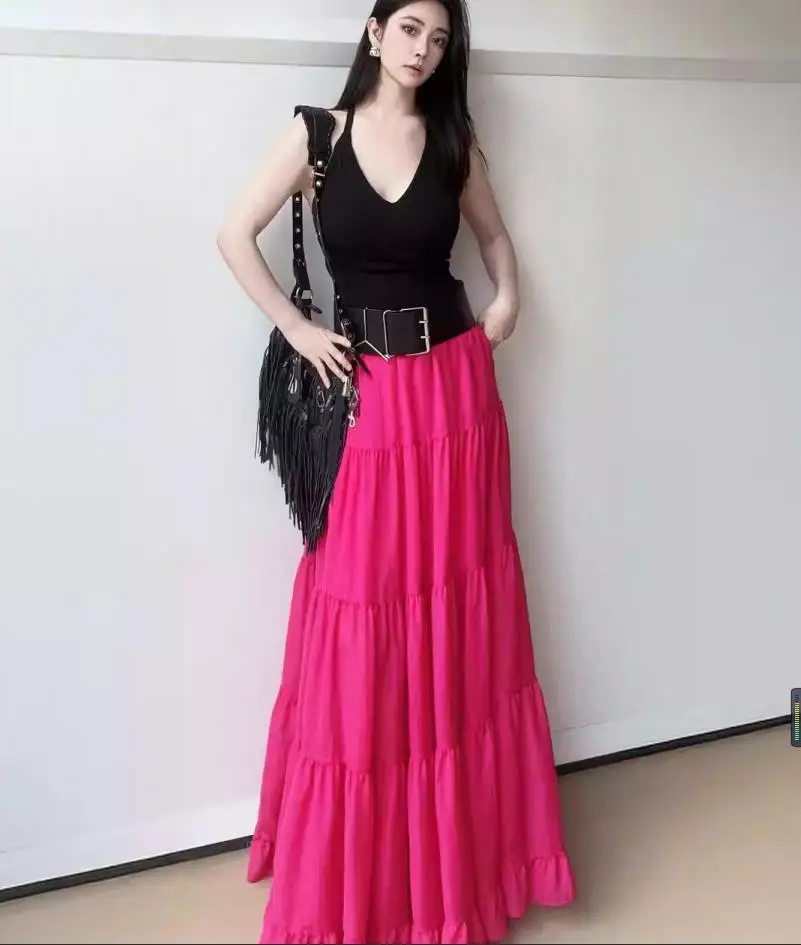 Maxi Long Skirts for Women Chiffon Korean Lolita Style Spring Summer Elastic Waist High Low Ruched Ruffles plus Size Skirt