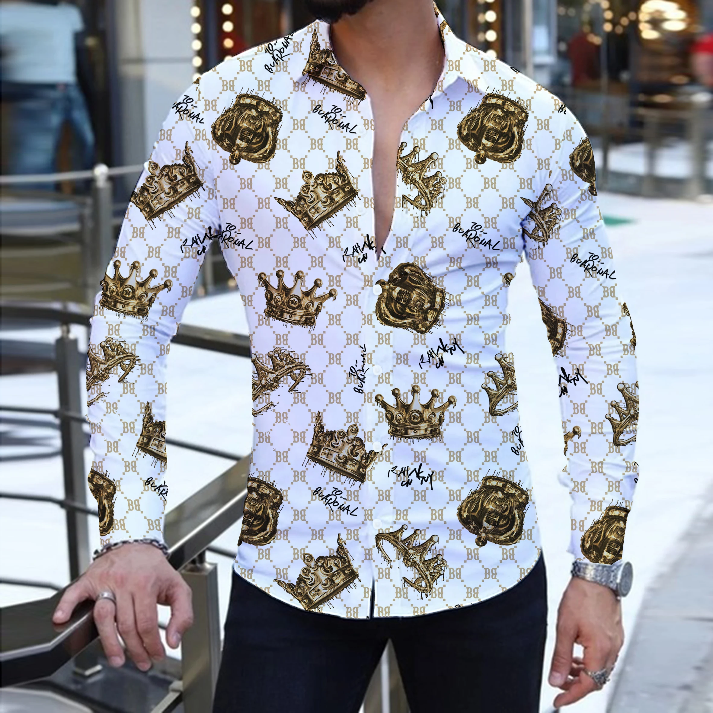 2023 Summer Fashion New Men\'s Long-Sleeved Shirt Street Leisure Beach Party Crown 3D Printing Single Breasted Hawaiian Shirt