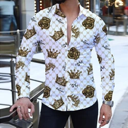 2023 Summer Fashion New Men's Long-Sleeved Shirt Street Leisure Beach Party Crown 3D Printing Single Breasted Hawaiian Shirt