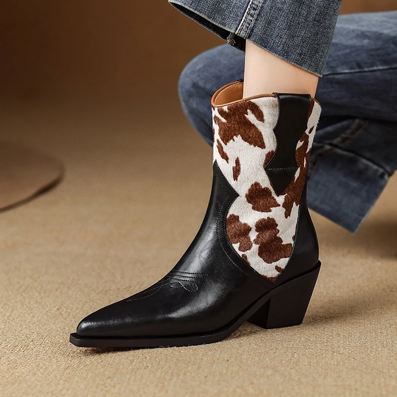 

Women's new leather embroidered cowhide leopard print horsehair high heels color blocked Chelsea short boots fashion boots