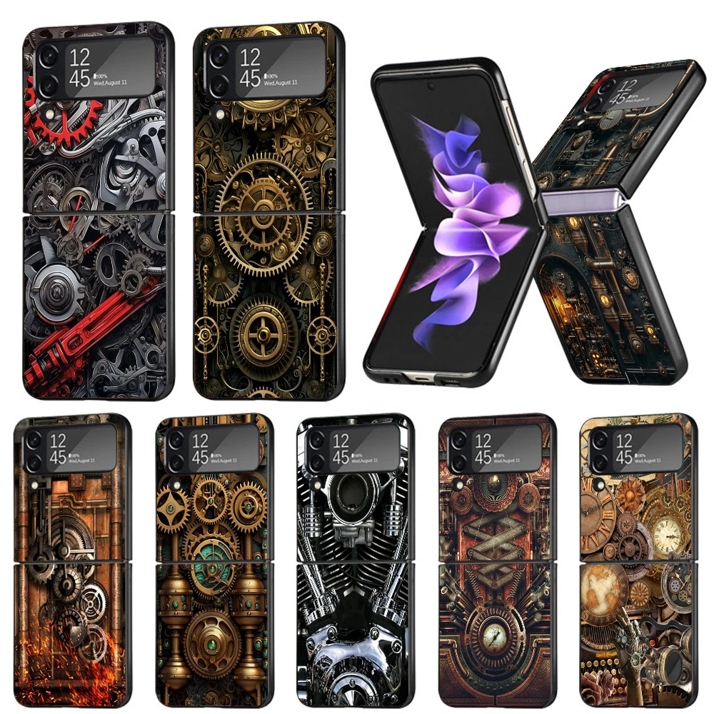 Steampunk Gear Mechanical Phone Case For Samsung Galaxy Z Flip6 Flip5 Flip4 Black Cover Z Flip 6 5 4 3 5G Shockproof Case Capas 