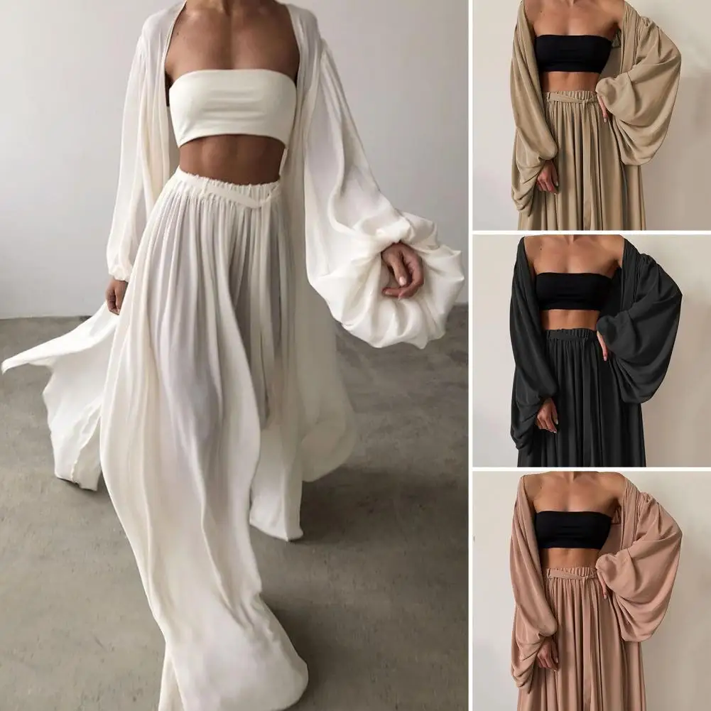 Fabulous with Belt Elastic Waist Lantern Sleeves Wide Leg Women Autumn Suit Long Sleeve Coat Lady Pants Set Women Clothes