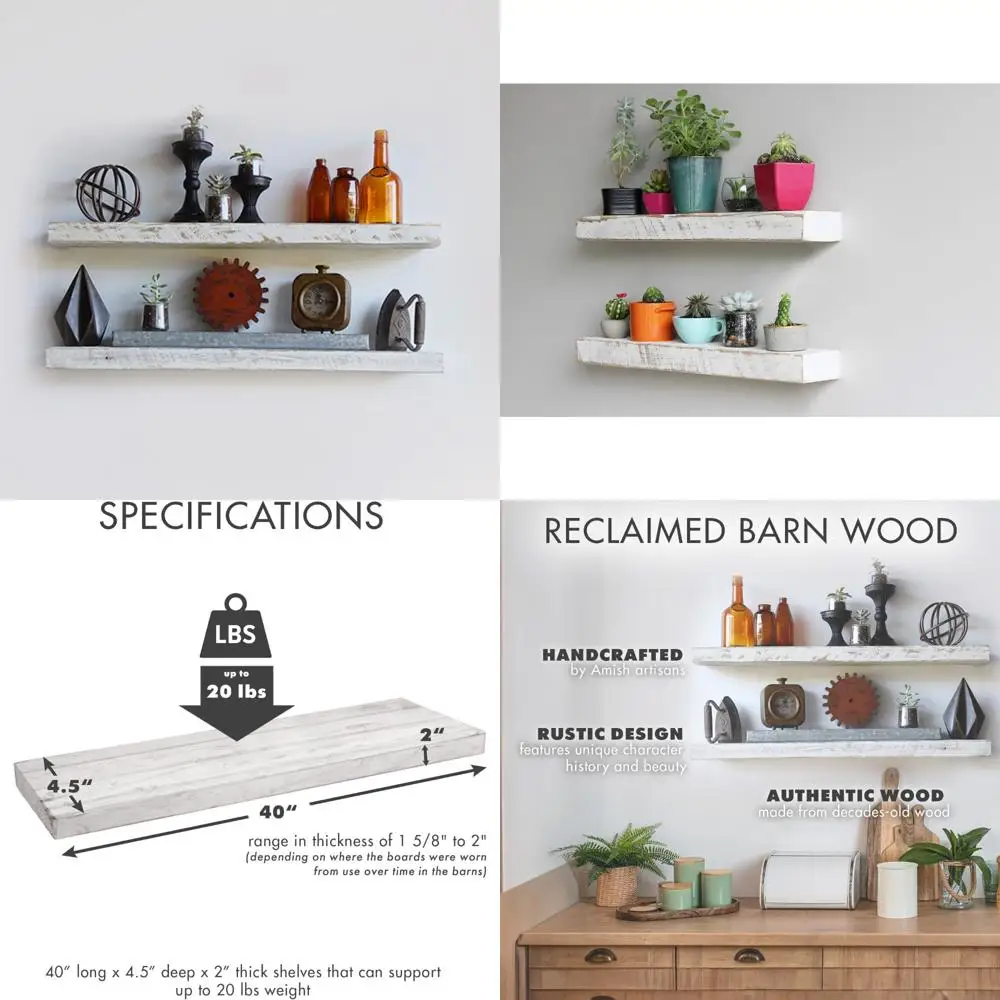 أرفف حائط عائمة من خشب البارنوود المستصلحة مع دعامات تثبيت متدفقة، مجموعة من 2، لمسة نهائية مغسولة باللون الأبيض، لديكور المنزل الريفي