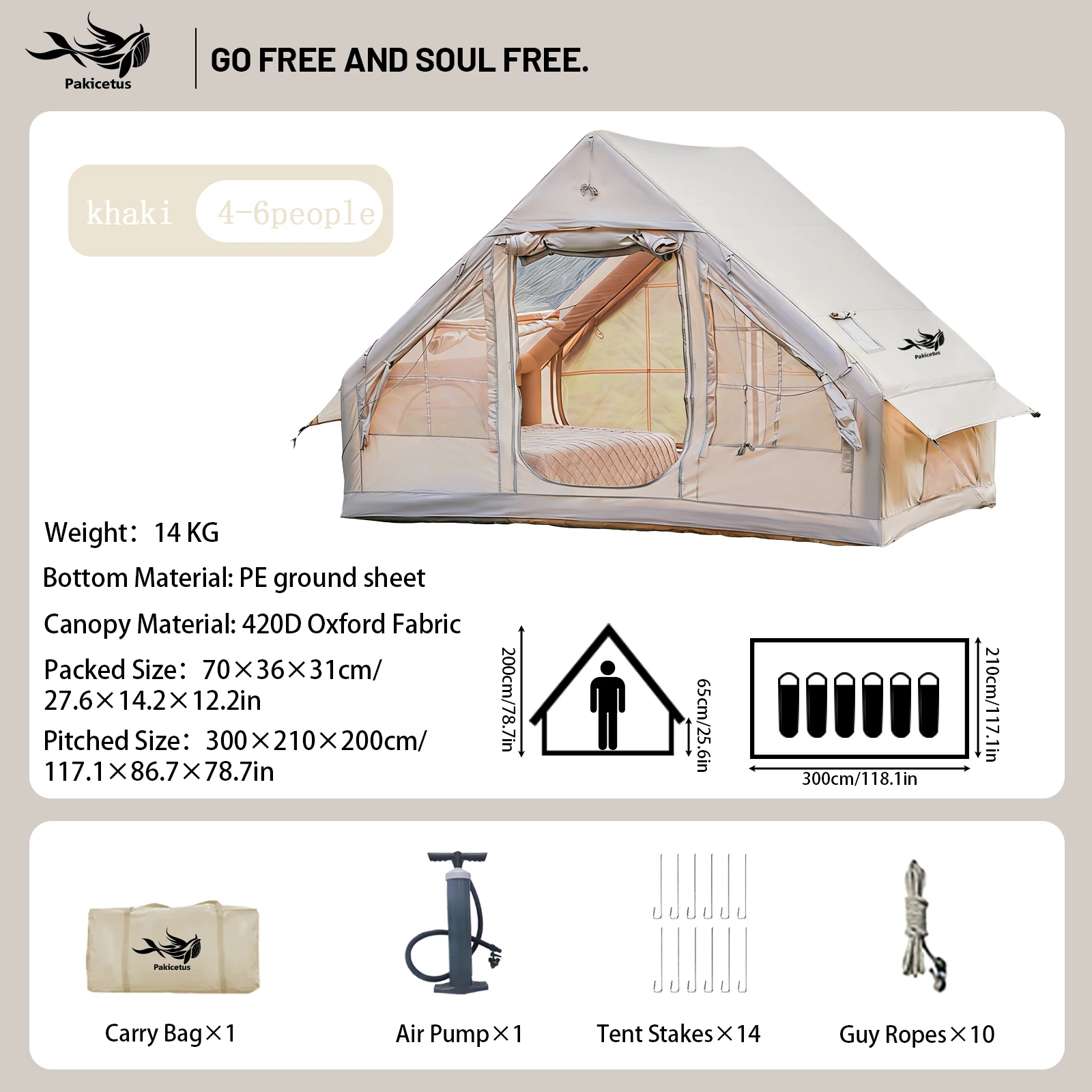 PAKICETUS 4-6 Person Inflatable Glamping Tent, Four Season Family Shelter, Breathable Mesh Windows, Manual Hand Pump Included, for Backcountry Hiking Road Trips Beach Getaways