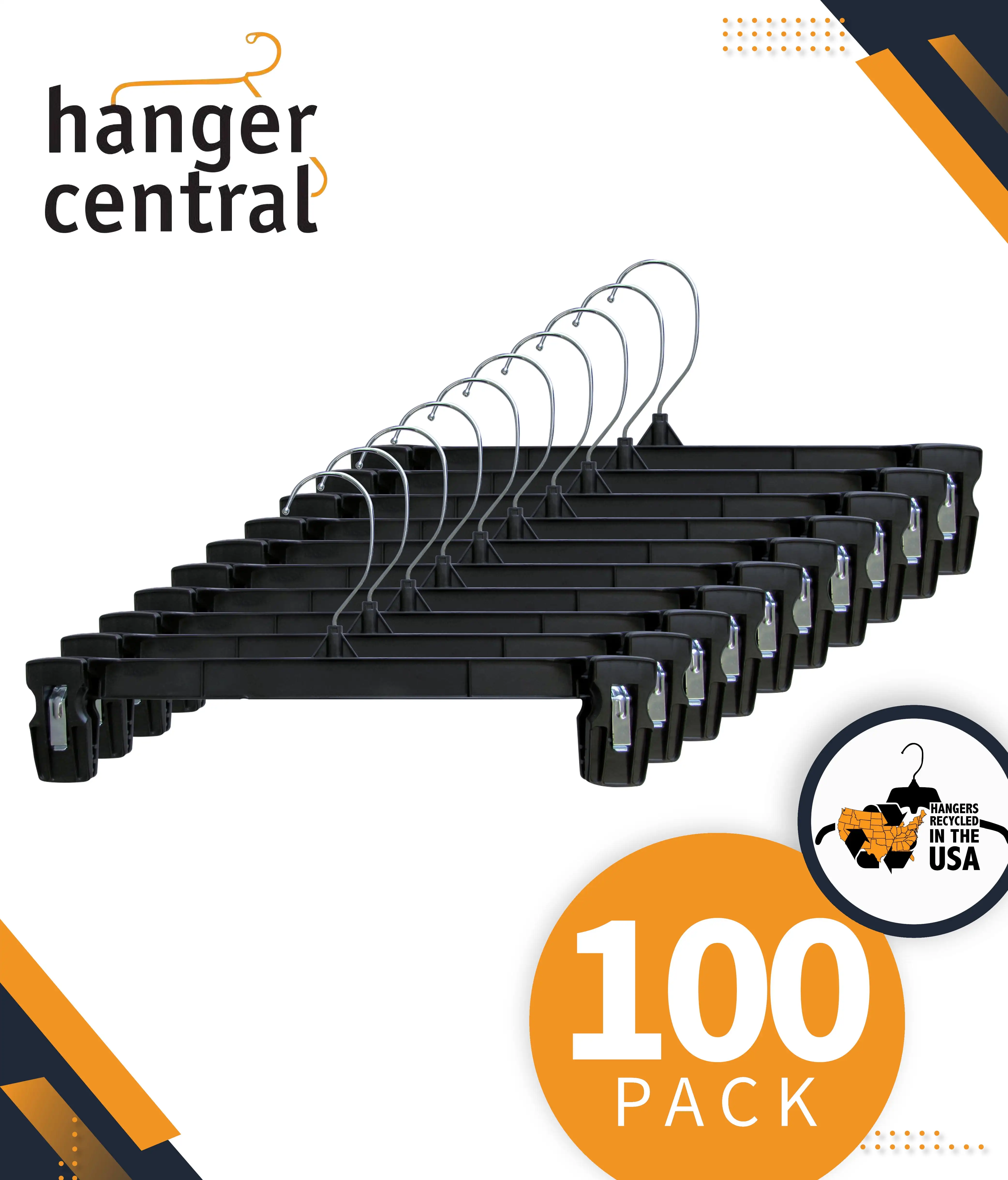 

Recycled Black Heavy Duty Plastic Pants & Skirt Bottom Hangers with Plastic Extra Long Pinch Clips and Polished Metal Swivel H