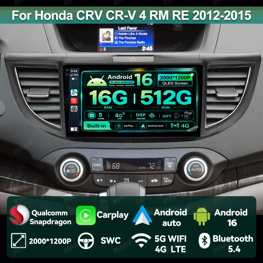 Radio para Auto Android 16 para Honda CRV CR-V 4 RM RE 2012-2015, Unidad Principal QLED, Navegación DVD, Multimedia Inalámbrica, Carplay, Auto 4G LTE
