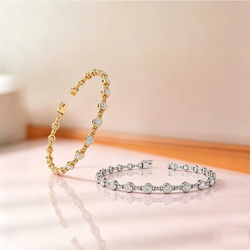 Abestecom 14K Gold Filled Women Bracelets D Color VVS1 GRA Moissanite 3mm Bubble Link Bracelet Valentine Fine Jewelry Gifts