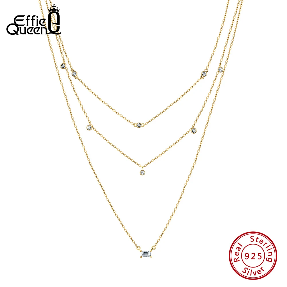

EFFIE QUEEN Fashion Three Layers Cable Chain with Round Cubic Zirconia Charm 925 Sterling Silver Choker Necklace for Women BQN10