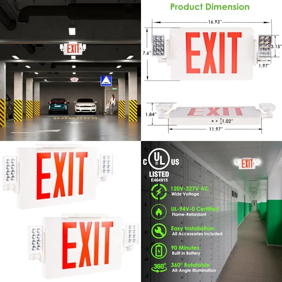 

LED Combo Exit Sign, Emergency Light with 2 Adjustable Heads and Double Face, Back Up Batteries- US Standard Red Letter EXIT, U