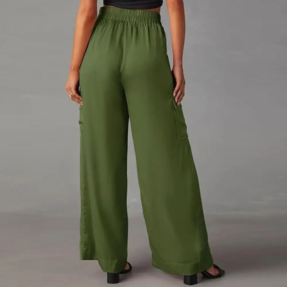 

Female Solid Color Pants Stylish Women's Casual Cargo Pants with Multiple Pockets Elastic Waist Wide Leg Design for Comfortable