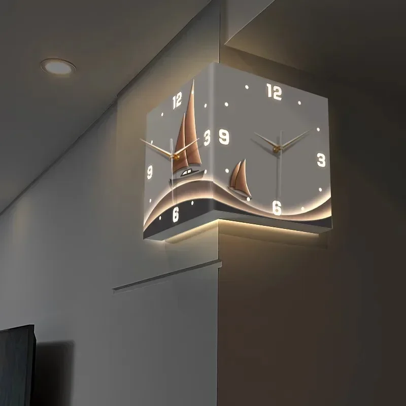 Smooth sailing double-sided corner wall clock living room without punching creative led clock wall mute corner wall clock