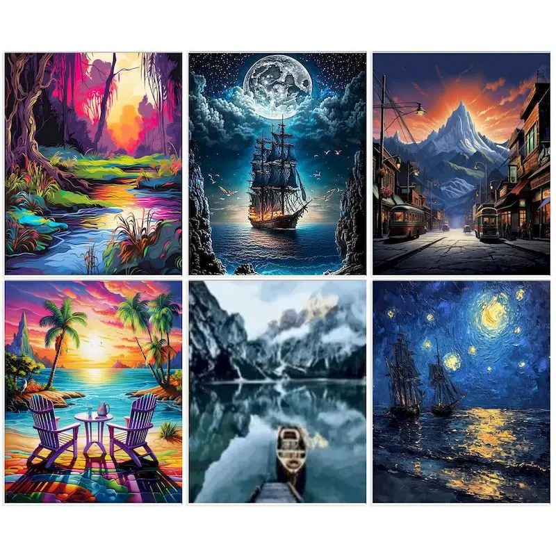 

Painting By Numbers Kit Fantasy Landscape DIY Frame Acrylic Paint By Numbers Canvas Drawing HandPainted Living Room Decoration