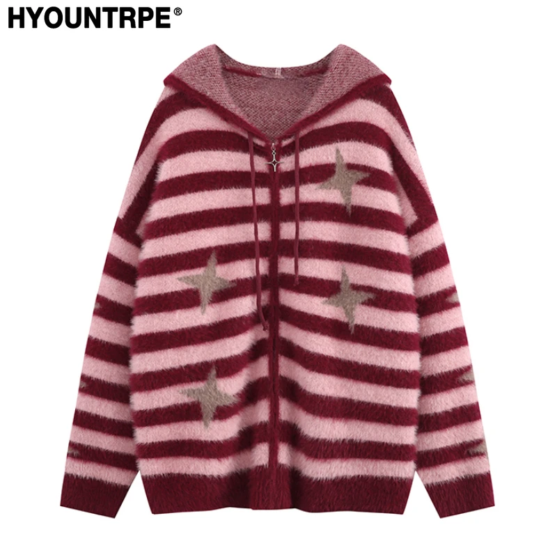 Mens Hooded Cardigan Sweater Y2K Strars Fashion Striped Streetwear Hip Hop Zipper Warm Knitted Cardigan Sweater Unisex Jumpers