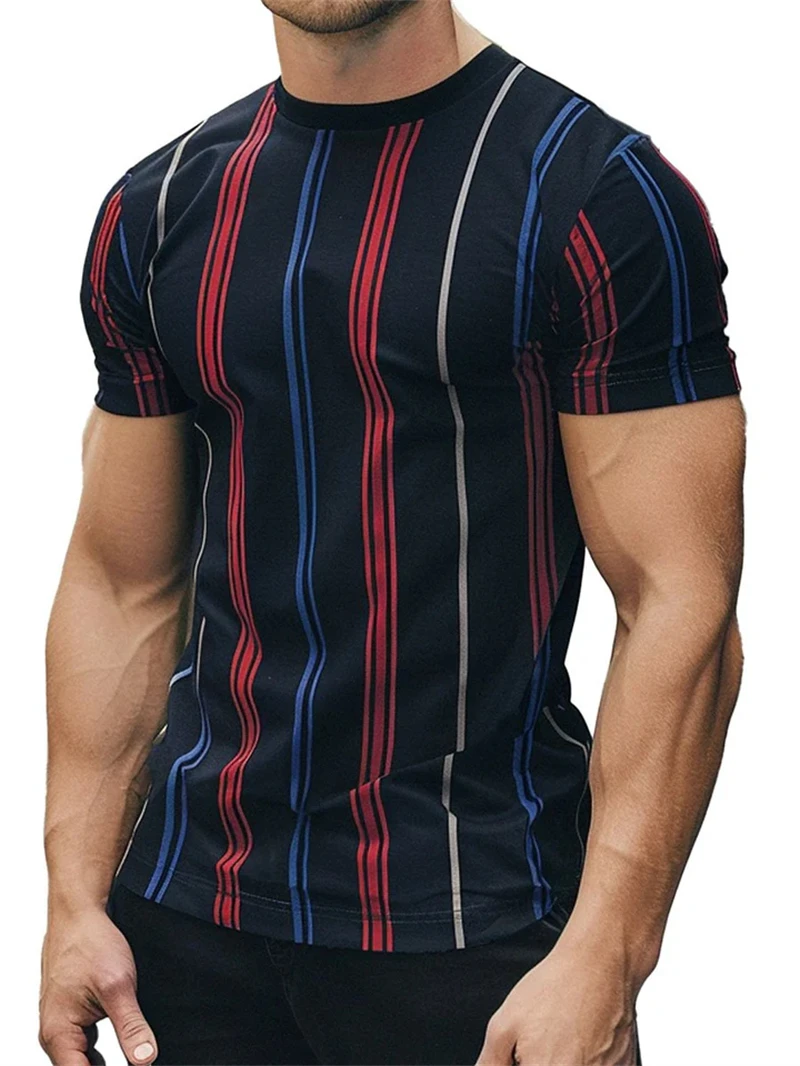 Simple Stripe Printed T Shirts For Men Summer Casual O-neck Short Sleeve Tops Fashion Comfortable Breathable Tees Daily Clothing