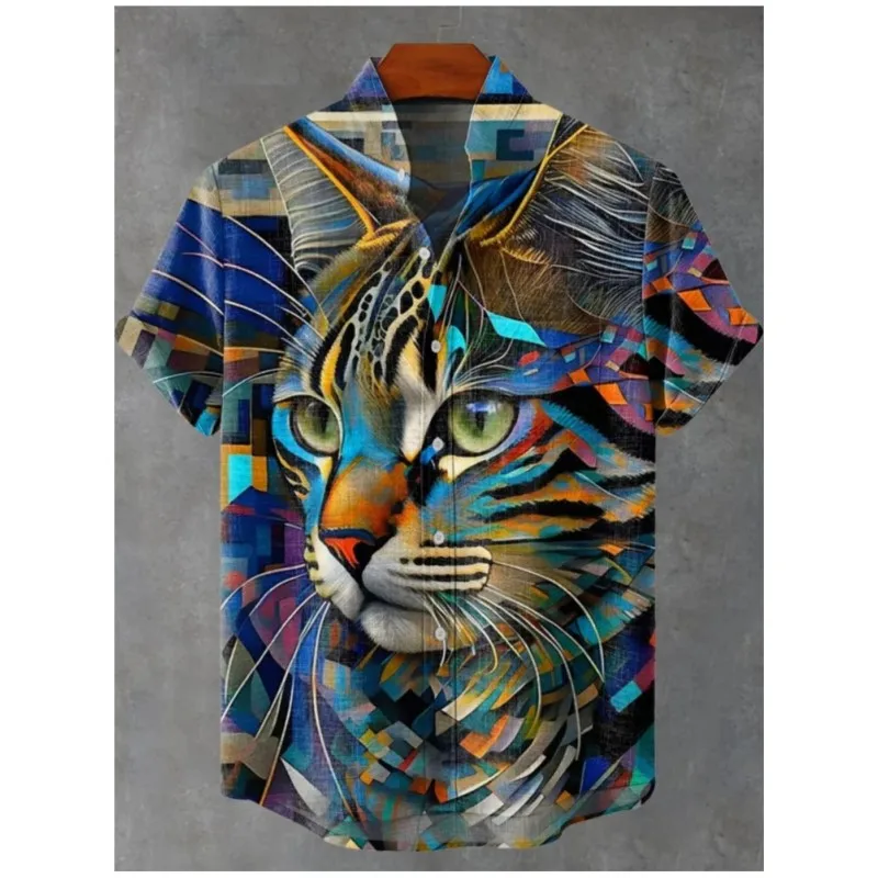 Men's Casual Fashion Linen Shirts Short Sleeve Top Art Print Hawaiian Shirt 2025 Senior Social Shirt Chalas Hombre Verano