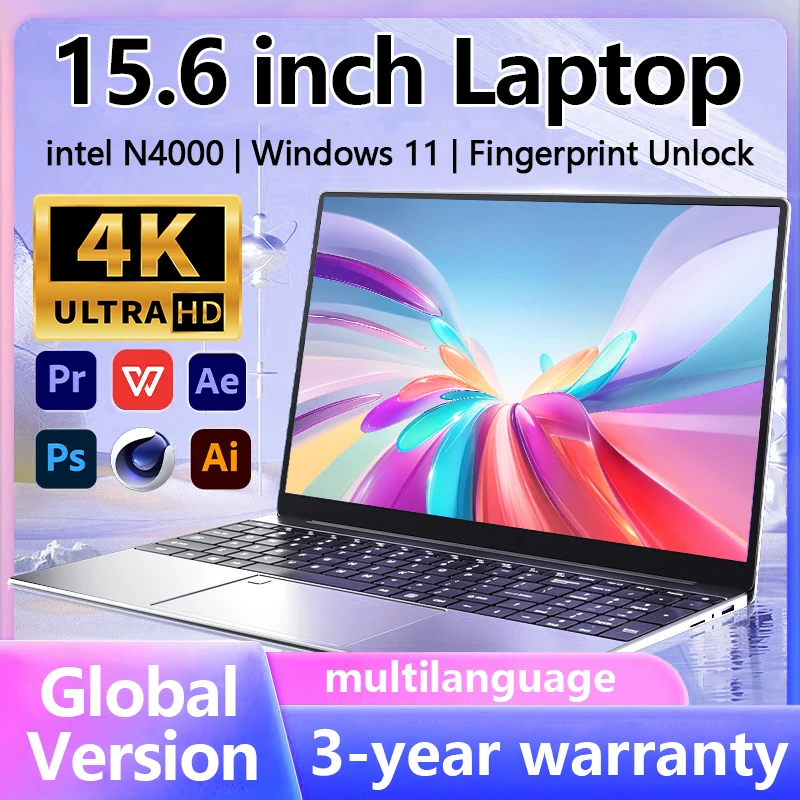 

15,6-дюймовый портативный компьютер Intel Celeron N4000 Windows 11, ноутбуки, геймерские 16 ГБ DDR4, 1 ТБ SSD, разблокировка отпечатков пальцев, офисный учебный ноутбук, ПК