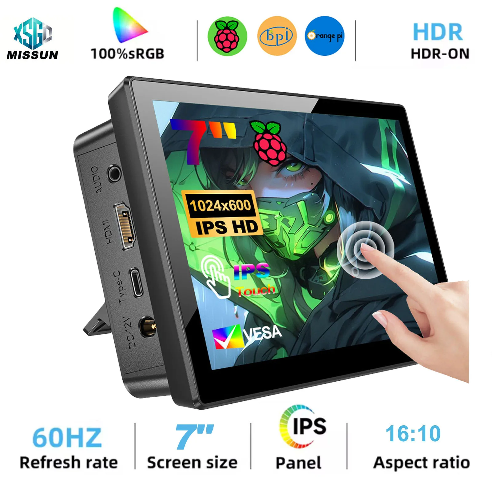 MISSUN 7" Raspberry Pi 5 4 3 Touchscreen Monitor 1024x600 HDMI USB Speaker Fan for Raspi Drive Free Adapted for Orange Pi