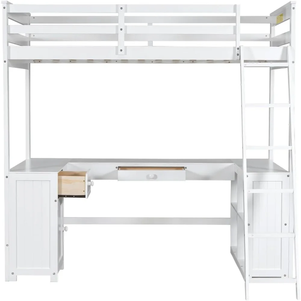 Lit mezzanine double Merax, cadre de lit double en bois avec bureau en forme de U, armoire, tiroirs et étagères de rangement, blanc