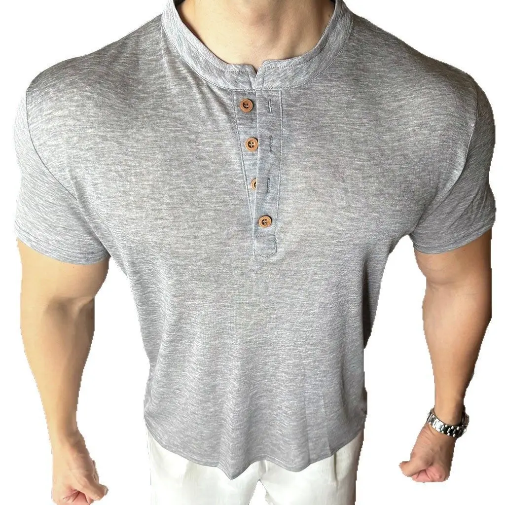 Men's Summer Lyocell Tencel Henley Shirt, Cooling Soft Skin-friendly Breathable Fabric, American Solid Color Muscle Tee.