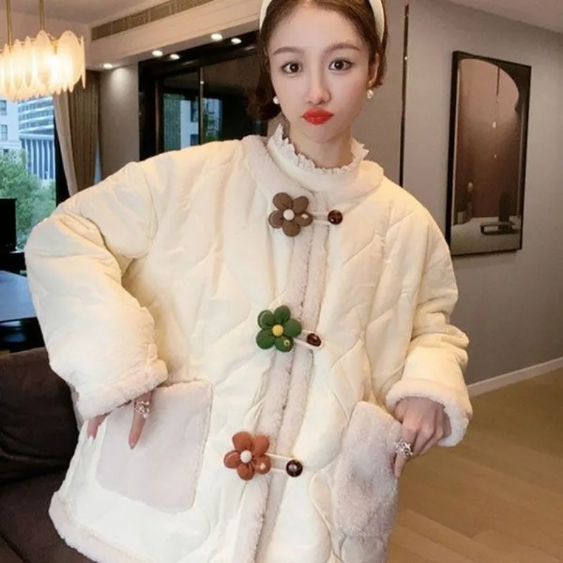 Kawaii Clothing Women Cotton Coat Flower Buttons Autumn Winter Parkas Long Sleeve Jacket Warm Bread Coat Korean Fashion New