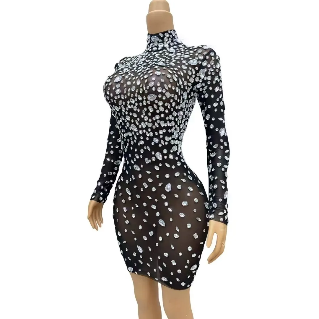 Sexy Transparent Mesh Flashing Big Silver Rhinestone Dress Birthday Evening Nightclub Party Luxury Gown Singer Perform Costume