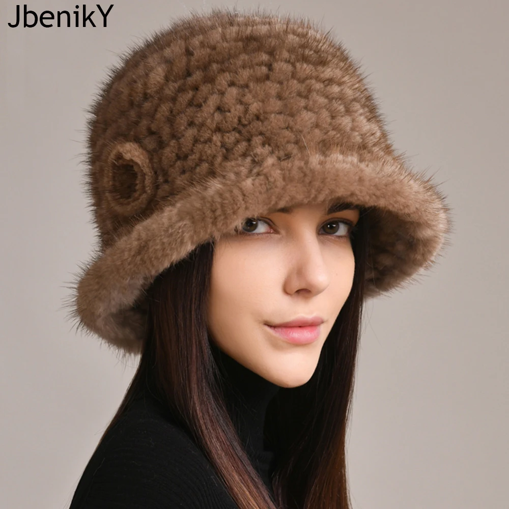 

Woman Hat Winter Solid Mink Caps With Flower Natural Mink Fur Hats New Russian Girl Soft Knitting Real Fur Bucket Hats 2025 Warm